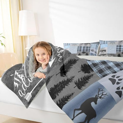 Rustic Patchwork Comforter Set,Blue Grey Checkered Plaid Quilt Set for Kids Teens Adult,Wild Animals Bear Elk Pine Trees Pattern Print Bedding Set Vintage Farmhouse Duvet Insert,King Size