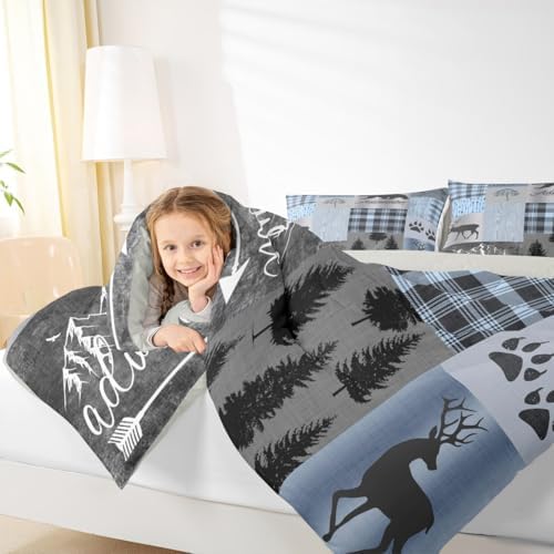 Rustic Patchwork Comforter Set,Blue Grey Checkered Plaid Quilt Set for Kids Teens Adult,Wild Animals Bear Elk Pine Trees Pattern Print Bedding Set Vintage Farmhouse Duvet Insert,Twin Size