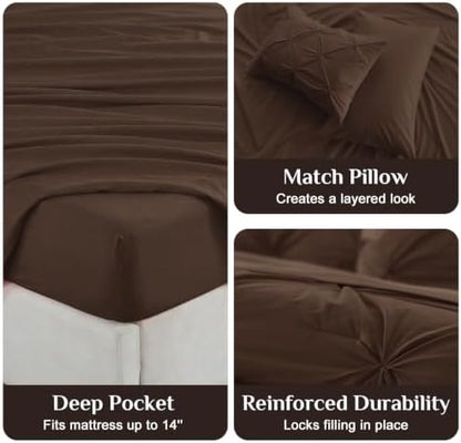 JOLLYVOGUE Full Size Comforter Sets 7 Pieces - Bed in a Bag Full for All Season, Pintuck Bedding Comforter Sets with Comforter, Flat Sheet, Fitted Sheet and Pillowcases & Shams, Dark Brown