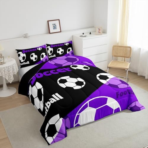 Manfei Teens Soccer Comforter Set Toddler Size, Black White Football Bedding Set 2pcs, Sports Theme Purple Down Comforter All Season, Kids Boys Adult Room Decor, Soft and Lightweight, 1 Pillowcase
