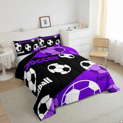 Manfei Teens Soccer Comforter Set Toddler Size, Black White Football Bedding Set 2pcs, Sports Theme Purple Down Comforter All Season, Kids Boys Adult Room Decor, Soft and Lightweight, 1 Pillowcase