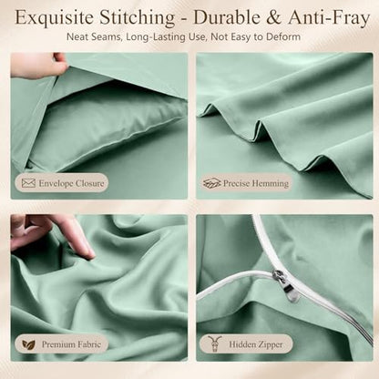 Queen Duvet Cover Set 3 Pieces, 100% Organic Viscose derived from Bamboo, Luxuriously Soft & Cooling, 1 Duvet Cover and 2 Pillowcases, 90" x 90"(Queen, Sage Green)