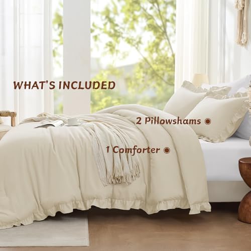 FUANNA Full Size Comforter Sets, Cream White Bedding Set, 3 Pieces Bed Set