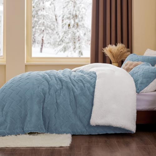 BEDELITE Fluffy Sherpa Queen Comforter Set,Blue Fog