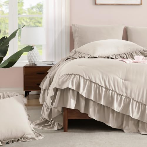 AMBERSPACE Queen Comforter Set Beige Ruffle 7 Pieces Farmhouse Bed in a Bag