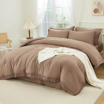 Andency Oversized Queen Comforter Set, 7 Pieces Taupe Bedding