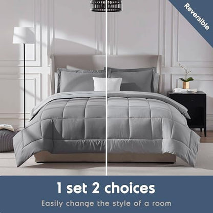 Nestl 9 Piece Full Comforter Set – Grey Reversible Bed in a Bag – Complete Full Size Bedding Set with Sheets, Set of 2 Cooling Pillows, Pillowcases and Shams
