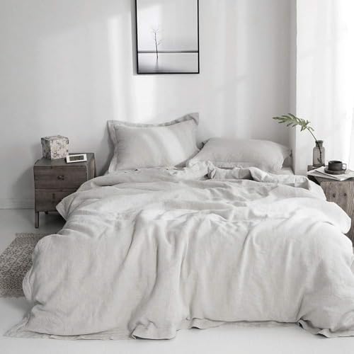 Simple&Opulence 100% French Flax Linen Duvet Cover Set with Embroidery Washed - 3 Pieces (1 Duvet Cover with 2 Pillow Shams) with Button Closure Soft Breathable Farmhouse - Light Grey, King Size