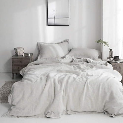 Simple&Opulence 100% French Flax Linen Duvet Cover Set with Embroidery Washed - 3 Pieces (1 Duvet Cover with 2 Pillow Shams) with Button Closure Soft Breathable Farmhouse - Light Grey, King Size