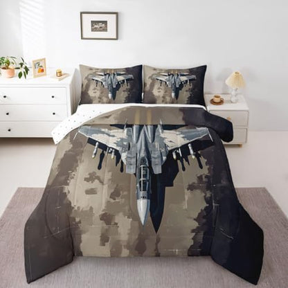 Erosebridal Military Fighter Plane Comforter Set Queen Camouflage Aircraft Bedding Set Warplane Aviation Comforter for Kids Boys Girls Airplane Aviation Enthusiast Quilt Duvet