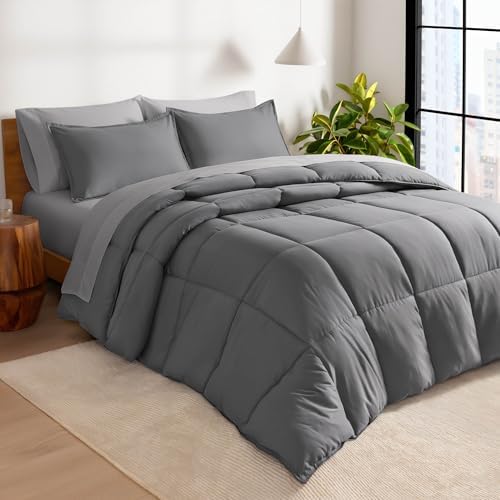 Bare Home Bed-in-A-Bag 7 Piece Comforter & Sheet Set - California King - Goose Down Alternative - Ultra-Soft 1800 Premium Bed Set (Cal King, Grey/Light Grey)