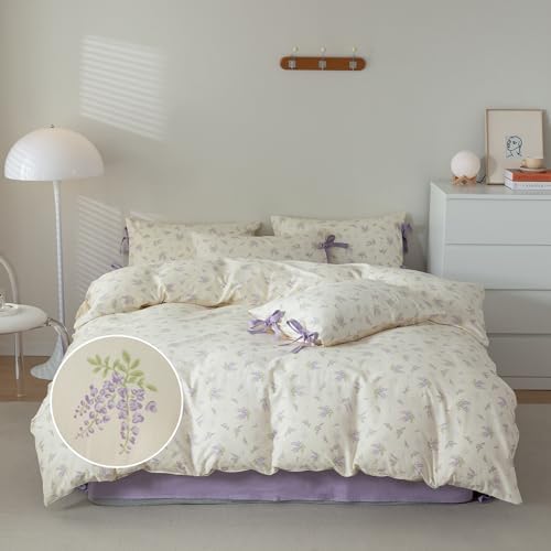 mixinni Lavender Flower Duvet Cover Queen Cotton Teenage Girls Flower Leaf Print 3pc Soft Cottage Ribbon Bedding Set Comforter Cover with Bowknot Pillowcase Perfect for Girls- (3pcs, Queen Size)