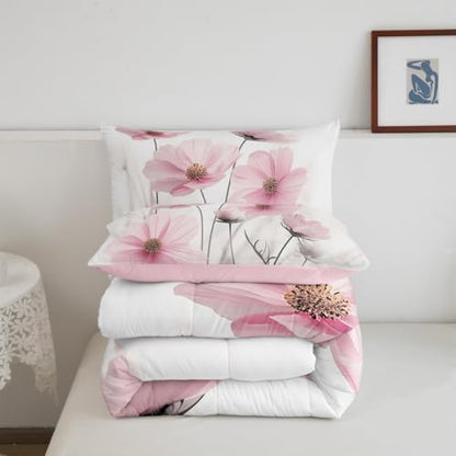 jejeloiu Floral Flower Comforter Set Queen Size Kids Pink Wildflower Bedding Set for Boys Girls Teens Botanical Duvet Breathable Minimalist Aesthetics Quilt Bedroom Decor,1 Comforter with 2 Pillowcase