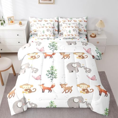 Erosebridal Wild Animal Queen Comforter Set 7 Piece Cute Elephant Deer Monkey Wildlife Comforter Set Woodland Animals Bedding Sets for Kids Girls Kawaii Zoo Animals Sheet Set with Comforter