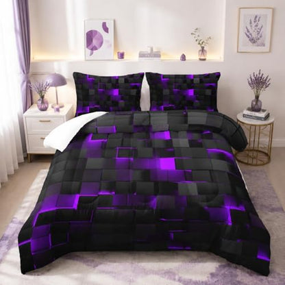 Geometric Violet Black Comforter Set,Light Honeycomb 3 Piece Bedding Set Queen Size for Teen Boys,Modern Bedding Quilt Set Geometry Decor,Microfiber Lightweight 1 Comforter 2 Pillowcases All Season
