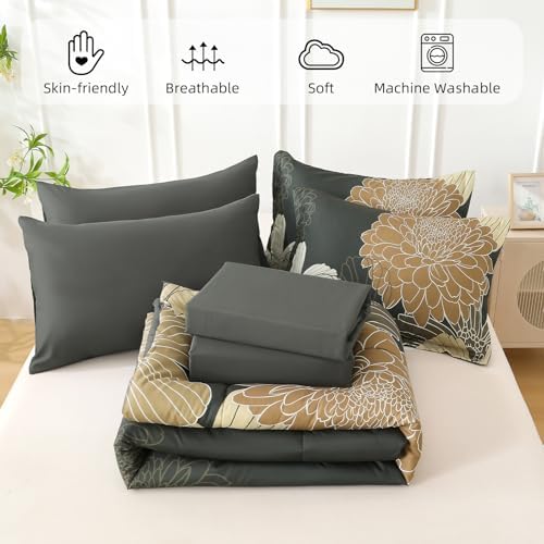Yiran Queen Khaki Grey Brown Comforter Set - 7 Pieces Floral Bedding Sets,Bed in a Bag Soft Microfiber Comforter with Flat Sheet Fitted Sheet Pillowshams Pillowcases