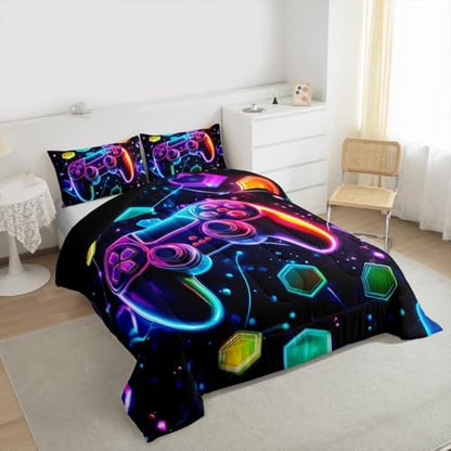 Castle Fairy Boys Gaming Reversible Comforter Set Queen Size,Video Games Gamepad Print Bedding Set Gamer Room Decor,Space Galaxy Glow Neon Hexagon Polyester Duvet Set with 2 Pillowcases (Purple Blue)