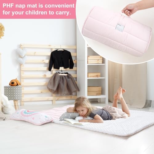 PHF Toddler Nap Mat with Removable Pillow and Minky Blanket, Rollup Design Kids Sleeping Mat, Slumber Bags for Girls, 50"x20" Toddler Sleeping Bag for Daycare Preschool Travel Camping, Rainbow