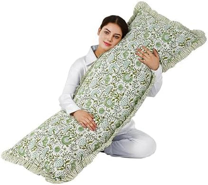CPC Block Print Agate Green Ruffle Cotton Lumbar Pillow Cover 20x54 inch