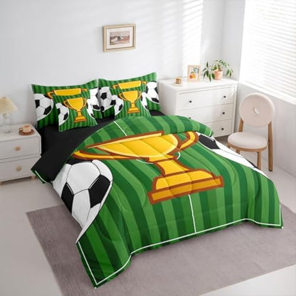 Erosebridal Soccer Gaming Boys Kids Football Court Green 7 Piece Bedding Set Twin | Sports Theme Playground Comforter Set with Sheets Ball Games Bed in A Bag Striped Geometric Bed Sets