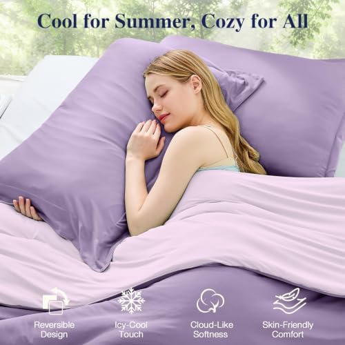 MUXHOMO Cooling Comforter Set Queen Size, Lightweight Summer Comforter for Hot Sleeper, Reversible Bedding with ICY Cooling Surface, Includes 1 Comforter (90"x90") and 2 Shams (20"x 26"), Lavender
