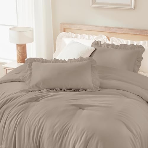 Andency Light Brown King Size Comforter Set, 3 Pcs Solid Farmhouse Bedding