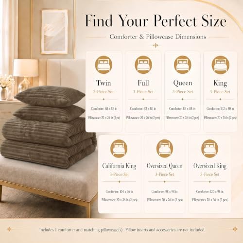 CozyLux Fleece King Size Comforter Set, 3 Piece Warm Taupe Bedding