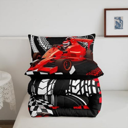 Go Kart Toddler Race Car Bed for Boys,Black and White Buffalo Checkered Drift Kart Queen Comforter Set Toddler Bedding Set,Square Grid Plaid Lattice Quilt,Red Karting Extreme Sport Duvet Insert