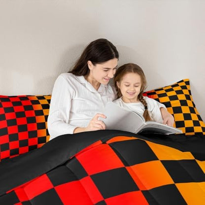 Checkered Retro Bedding Set for Boys Girls Geometric Vintage Comforter Set Queen Size Red Yellow Duvet Quilt Modern Groovy Aesthetic Bedroom Decor 3 Pcs with 2 Pillow Cases