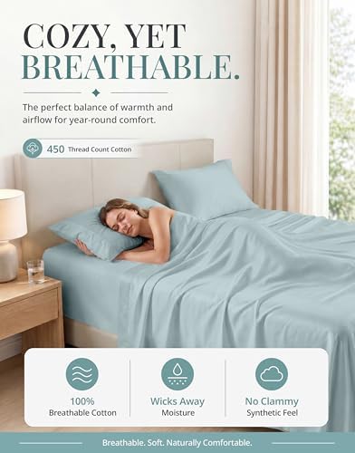 450TC 100% Cotton Queen Bed Sheets - Silky Smooth Sateen Weave, French Blue