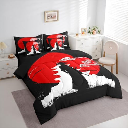 Erosebridal Samurai Comforter Set Sunset Print Bed in A Bag Queen Size 7 Pieces Japanese Ukiyoe Bed Set Room Decor Building Silhouette Bedding with Sheets