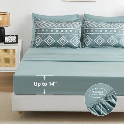 Yiran Boho Aztec Comforter Set King Size, Grayish Blue Comforter Bedding Set, 7 Piece Bed in a Bag, Soft Microfiber Bohemian Striped Complete Bedding Set with Sheets for All Season