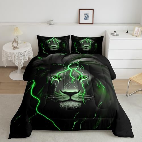Erosebridal Lion Comforter Set Bedding Set Twin,Vintage Safari Animal Down Comforter Green Retro Lightning Lion Bedding Set for Kids Boys Teens Adults Men Dark Grey Lion Bed Set Soft Duvet Set 2 Pcs