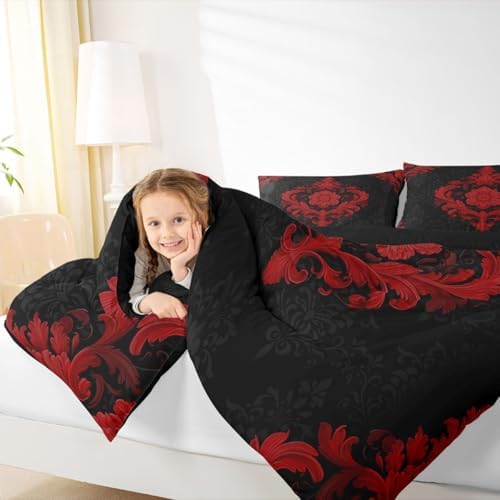 Feelyou Red Gothic Comforter Set King Size Vintage Damask Boho Bedding Set for Kids Boys Girls Exotic Victorian Duvet Quilt Bedroom Decor Microfiber 3 Pcs with 2 Pillow Cases