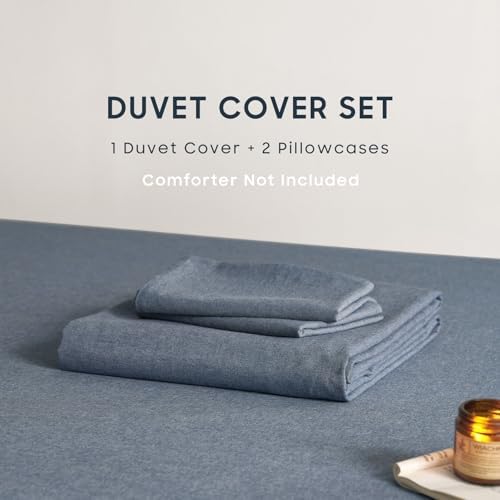 Wake In Cloud - Cotton Duvet Cover Set, 100% Washed Cotton, Linen Like Textured, Breathable Durable Comfy Farmhouse Neutral Bedding Set, 3 Pieces, Denim Blue, King Size