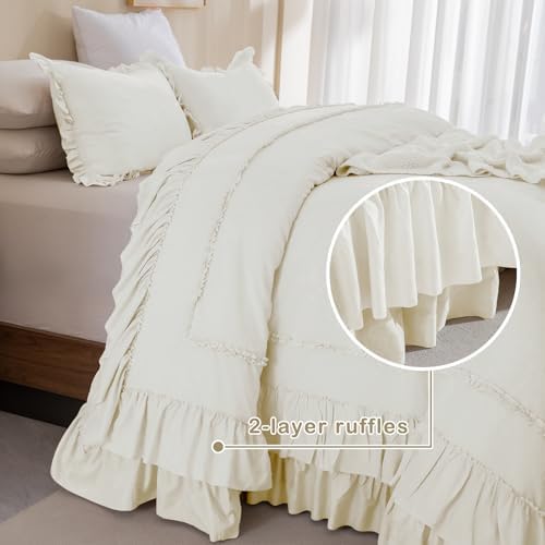 Masaca Oversized King Comforter 128x120,Farmhouse Shabby Boho Chic Ruffled Bedding Comforter Set,3Pcs Ivory Ruffle Extra Large King Size Comforter Sets French Country Rustic Bedding Set Ultra Soft