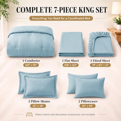 CozyLux King Size Comforter Set Light Blue, 7 Pieces Bed in a Bag