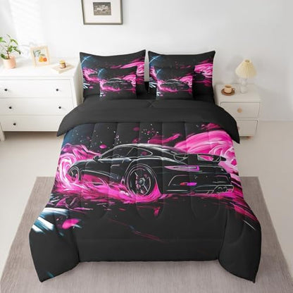 Feelyou Race Car Comforter Set with Sheets Queen Size Kids Speed Sports Car 7 Pieces Bedding Set for Boys Girls Teens Racing Car Bed in a Bag Breathable Extreme Sports Bed Set Pink Automobile