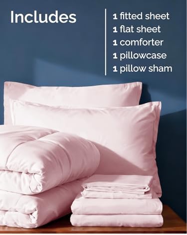 Twin Comforter Set - 5 Piece Bed in a Bag Twin Size Bed Set - Lavender Pink