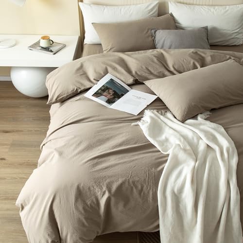 JIYUAN Full Washed Cotton Duvet Cover Set, 3-Piece, Relaxed Linen Feel