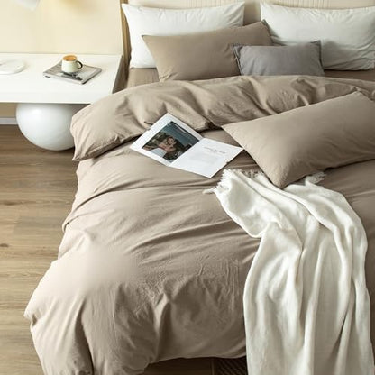 JIYUAN Queen Washed Cotton Duvet Cover Set, 3-Piece, Relaxed Linen Feel