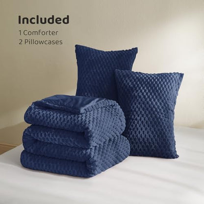 Petrichor Fluffy King Comforter Set - Ultra-Soft Navy Flannel Thick Comforter for King Bed, Luxury Warm Bedding Set for Winter & Fall, Cozy Fuzzy Bed Set 3 Pieces (1 Comforter & 2 Pillowcases)