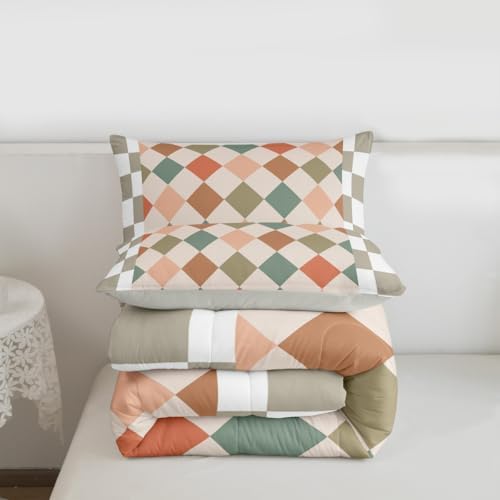Feelyou Checkered Geometric Kids Comforter Set King Size Retro Green Beige Brown Plaid Bedding Set Checkerboard Modern Aesthetic Duvet Quilt for Kids Boys Girls Bedroom Reversible Grey Decor