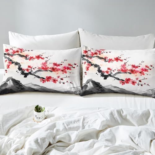 Erosebridal Cherry Blossoms Comforter Set Twin for Adult Women Ink Painting Black White Down Comforter Red Cherry Blossoms Quilted Duvet Romantic Theme Bedding Duvet with 1 Pillowcase