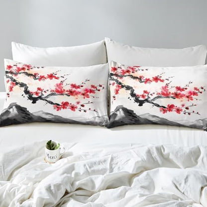 Erosebridal Cherry Blossoms Comforter Set Twin for Adult Women Ink Painting Black White Down Comforter Red Cherry Blossoms Quilted Duvet Romantic Theme Bedding Duvet with 1 Pillowcase