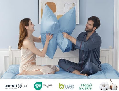 Pillow Cases 100% Cotton Percale King Size Set of 4, Light Blue