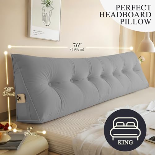 DANGHOOGY Headboard Pillow King, Large Triangular Wedge Headboard Pillow for Reading and Resting, Backrest Positioning Support Pillow with Removable Cover (Grey)