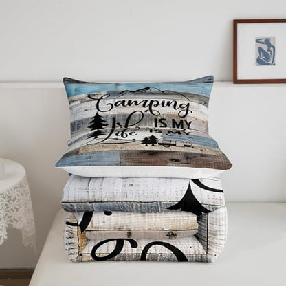 Manfei Camping Comforter Set Queen Size, RV Trailers Camper Bedding Set for Kids Boys Girls Room Decor, Grey Blue Wooden Adventure Theme Down Comforter, Rustic Farmhouse Duvet Insert, 2 Pillowcases