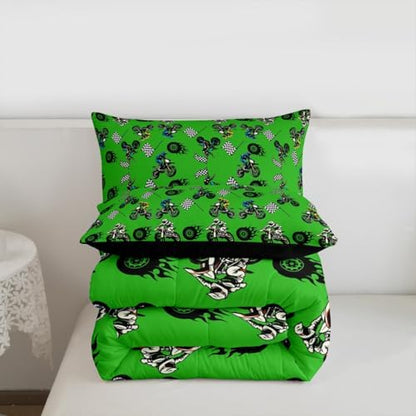 Feelyou Dirt Bike Comforter Set All Season Racing Motocross Rider Bedding Set with 2 Pillow Cases Motorbike Kids Full Bedclothes Extreme Sports Decor Motorcycle Duvet Quilt Soft Lightweight