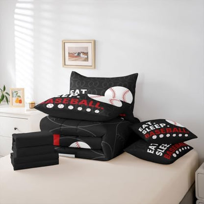 Erosebridal Kids Baseball Games Softball Theme King 7-Piece Comforter Set | Black Grey Sheets and Pillowcases Sports Gaming Pattern Bed in A Bag Men Teens Bed Sets